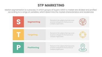 stp marketing strategy model for segmentation customer infographic with 3 block row rectangle content concept for slide presentation vector