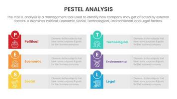 pestel business analysis tool framework infographic with long rectangle shape symmetric 6 point stages concept for slide presentation vector