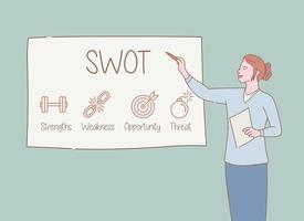 woman teaching swot marketing analysis strategy on whiteboard with outline or line and clean simple style vector