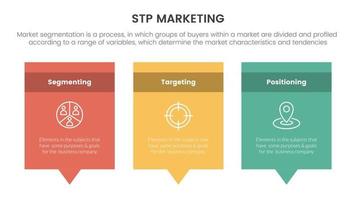 stp marketing strategy model for segmentation customer infographic with rectangle box and callout comment dialog concept for slide presentation vector