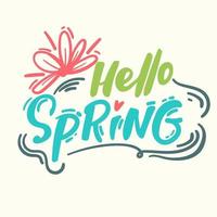 Hello Spring hand sketched logotype, badge typography icon. Lettering spring season with leaf for greeting card, invitation template. Retro, vintage lettering banner poster template background vector