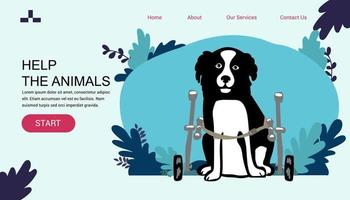 Dog in a wheelchair for the hind paws. Vector illustration in a flat style landing page banner help animals animal care