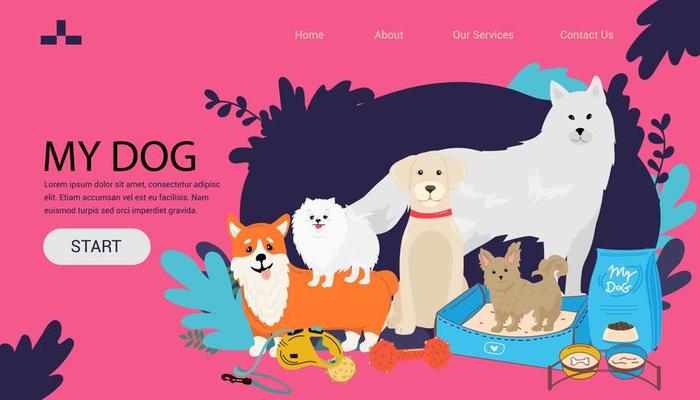 large dogs border set, front view spitz, french mastiff, labrador banner for landing page with goods for dogs
