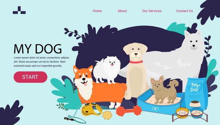 large dogs border set, front view spitz, french mastiff, labrador banner for landing page with goods for dogs