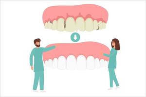 clínica dental y concepto de atención médica. mujer y hombre dentistas personajes de dibujos animados de pie examinando el estado de un enorme diente humano juntos ilustración vectorial, vector