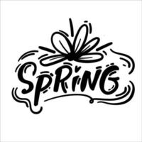 Hello Spring hand sketched logotype, badge typography icon. Lettering spring season with leaf for greeting card, invitation template. Retro, vintage lettering banner poster template background. vector