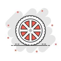 Car wheel icon in comic style. Vehicle part cartoon vector illustration on white isolated background. Tyre splash effect business concept.