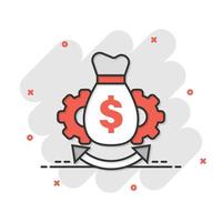 Money optimization icon in comic style. Gear effective cartoon vector illustration on white isolated background. Finance process splash effect business concept.