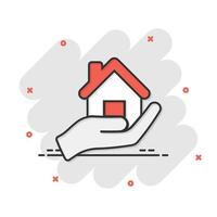 Home care icon in comic style. Hand hold house vector cartoon illustration on white isolated background. Building quality business concept splash effect.