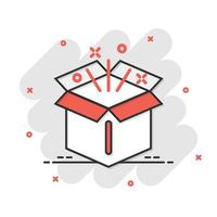 Gift box icon in comic style. Magic case vector cartoon illustration on white isolated background. Present business concept splash effect.