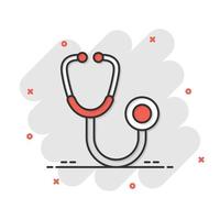 Stethoscope sign icon in comic style. Doctor medical vector cartoon illustration on white isolated background. Hospital business concept splash effect.