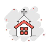 Church icon in comic style. Chapel vector cartoon illustration on white isolated background. Religious building business concept splash effect.