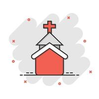 icono de la iglesia en estilo cómico. ilustración de dibujos animados de vector de capilla sobre fondo blanco aislado. efecto de salpicadura de concepto de negocio de edificio religioso.