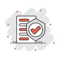 Insurance policy icon in comic style. Report vector cartoon illustration on white isolated background. Document business concept splash effect.