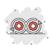 Development icon in comic style. Devops vector cartoon illustration on white isolated background. Cog with arrow business concept splash effect.