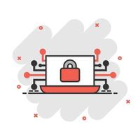 Cyber security icon in comic style. Padlock locked vector cartoon illustration on white isolated background. Laptop business concept splash effect.