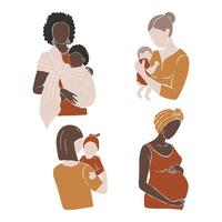 Set of illustrations with mother and baby and pregnant women. Motherhood and childhood hand drawn design in natural colors vector