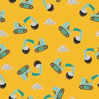 Vector hand-drawn simple seamless pattern with excavators and stones in Scandinavian style on yellow background