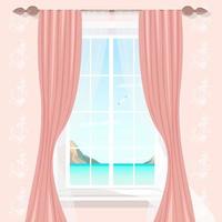 View from the window of the room to the sea and mountains, vector illustration