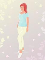 The red-haired girl is dressed in white trousers, a turquoise blouse and white sneakers. Background with hearts and abstract colors. Stylish cover or postcard vector