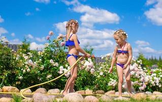 Little sisters having fun with a rose on the garden photo