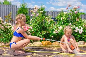 pequeño hermanas teniendo divertido con un Rosa en el jardín foto