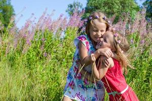 Little sisters having fun outdoors on the meadow photo