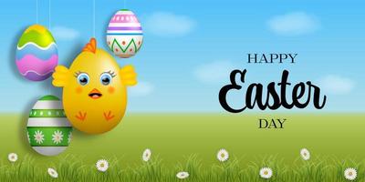 happy easter card. easter banner with funny eggs on spring landscape vector