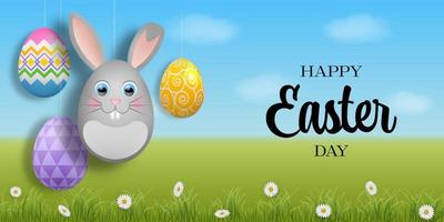 happy easter card. easter banner with funny eggs on spring landscape vector