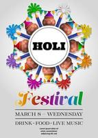 holi festival background with pichkari and gulal. indian colors festival flyer with powder color pots and pennants vector