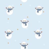 muñeco de nieve dibujado a mano, estrella, patrón de repetición de copos de nieve en fondo azul, elemento meteorológico de temporada de invierno de vacaciones, feliz navidad y feliz año nuevo, diseño de ilustración de vector plano