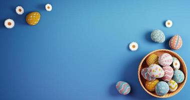 3D rendering Easter eggs background with basket with eggs and flowers photo