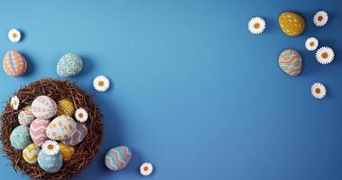 3D rendering Easter eggs background with bird's nest, flowers and eggs photo
