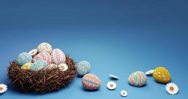 3D rendering Easter eggs background with bird's nest, flowers and eggs photo