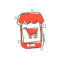 icono de compras en línea en estilo cómico. ilustración de dibujos animados de vector de tienda de smartphone sobre fondo blanco aislado. efecto de salpicadura de concepto de negocio de mercado.