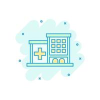 Hospital building icon in comic style. Infirmary vector cartoon illustration on white isolated background. Medical ambulance business concept splash effect.