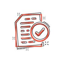 Compliance document icon in comic style. Approved process vector cartoon illustration on white isolated background. Checkmark business concept splash effect.