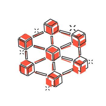 Vector cartoon blockchain technology icon in comic style. Cryptography cube block concept illustration pictogram. Blockchain algorithm business splash effect concept.