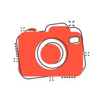 Photo camera icon in comic style. Photographer cam equipment vector cartoon illustration pictogram. Camera business concept splash effect.