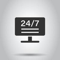 24 7 computer icon in flat style. All day service vector illustration on white isolated background. Support business concept.