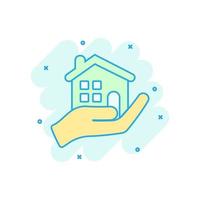 Home care icon in comic style. Hand hold house vector cartoon illustration on white isolated background. Building quality business concept splash effect.