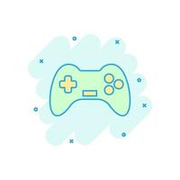 icono de signo de joystick en estilo cómico. ilustración de dibujos animados de vector de gamepad sobre fondo blanco aislado. Efecto de salpicadura de concepto de negocio de controlador de consola de juegos.