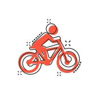 gente en icono de signo de bicicleta en estilo cómico. ilustración de dibujos animados de vector de bicicleta sobre fondo blanco aislado. efecto de salpicadura de concepto de negocio de ciclismo de hombres.