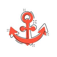 icono de signo de ancla de barco en estilo cómico. ilustración de dibujos animados de vector de equipo marítimo sobre fondo blanco aislado. efecto de salpicadura del concepto de negocio de seguridad marítima.