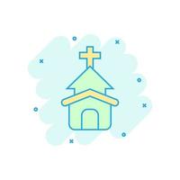 Church icon in comic style. Chapel vector cartoon illustration on white isolated background. Religious building business concept splash effect.