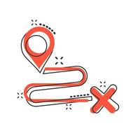 Move location icon in comic style. Pin gps vector cartoon illustration on white isolated background. Navigation business concept splash effect.