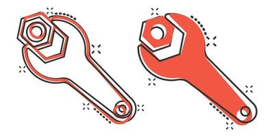 Wrench icon in comic style. Spanner key cartoon vector illustration on white isolated background. Repair equipment splash effect business concept.