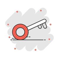 Vector cartoon key icon in comic style. Unlock sign illustration pictogram. Private secure key business splash effect concept.