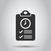 Document witch clock icon in flat style. Checklist survey vector illustration on white isolated background. Fast service business concept.