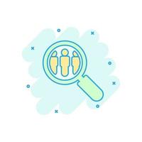 Search job vacancy icon in comic style. Loupe career vector cartoon illustration on white isolated background. Find people employer splash effect business concept.